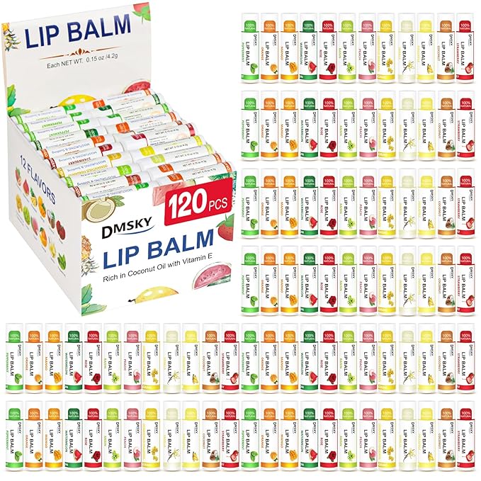 DMSKY 120 Pack Lip Balm, Lip Balm Bulk with Vitamin E and Coconut Oil, Moisturizing Lip Balm for Dry Lips, Stocking Stuffers for Women Girls-12 Flavors-Velvo Beauty