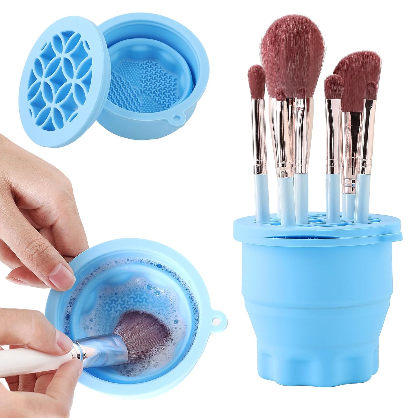 Makeup Brush Cleaner - Foldable Silicone Makeup Brush Cleaner Mat with Brush Storage Holder Makeup Brush Cleaning Bowl Cosmetic Brush Washing Tool for Cleaning Organizer and Drying (Blue)-Velvo Beauty