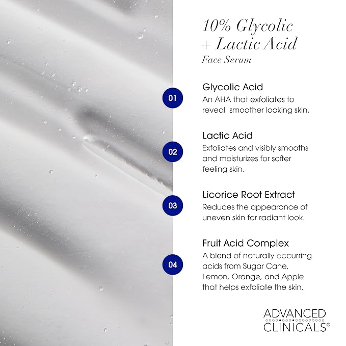 Advanced Clinicals Exfoliating 10% Glycolic Acid Serum For Face + Lactic Acid | Facial Exfoliant AHA + Salicylic Acid Serum To Improve Look Of Large Pores, Uneven Skin Tone, & Dark Spots, 1.75 FL Oz-Velvo Beauty