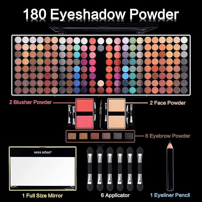 Professional Makeup Kit for Women with Mirror All In One Makeup Gift Set for Teens 180 Color Eyeshadow Palette 2 Blush 2 Powder 1 Eyeliner 4 Eyebrow Make Up Sets Matte Shimmer Mixing Pallet Eye Shadow-Velvo Beauty