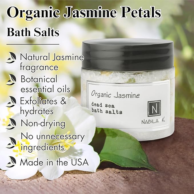 Organic Jasmine Bath Salts by Nabila K - Dead Sea Salt & Epsom Salt Scrub & Soak - Exfoliates & Hydrates Skin, Botanical Essential Oils - Bubble Bath Accessories for All Skins Types, 8 oz-Velvo Beauty