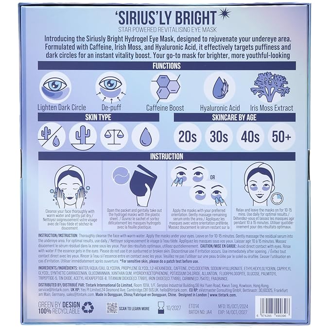 SIRIUS'LY BRIGHT Under Eye Patches 28 Pairs, Reduce Dark Circles Puffiness Bags, Rejuvenate Eye Mask, Eye Gel Pads with Caffeine Boost, Hyaluronic acid, Iris Moss Extract, Gifts for Women and Men-Velvo Beauty