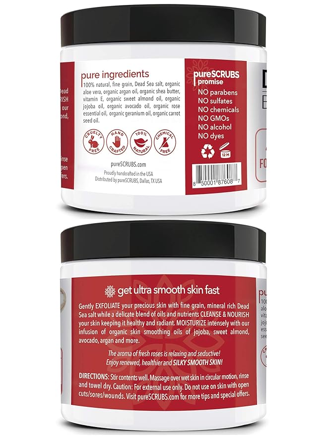 pureSCRUBS Premium Rose Body Scrub Set - Large 16oz Dead Sea Salt Body Scrub With Infused Essential Oils & Nutrients, Includes Wooden Spoon, Loofah & Oatmeal Exfoliating Bar Soap-Velvo Beauty