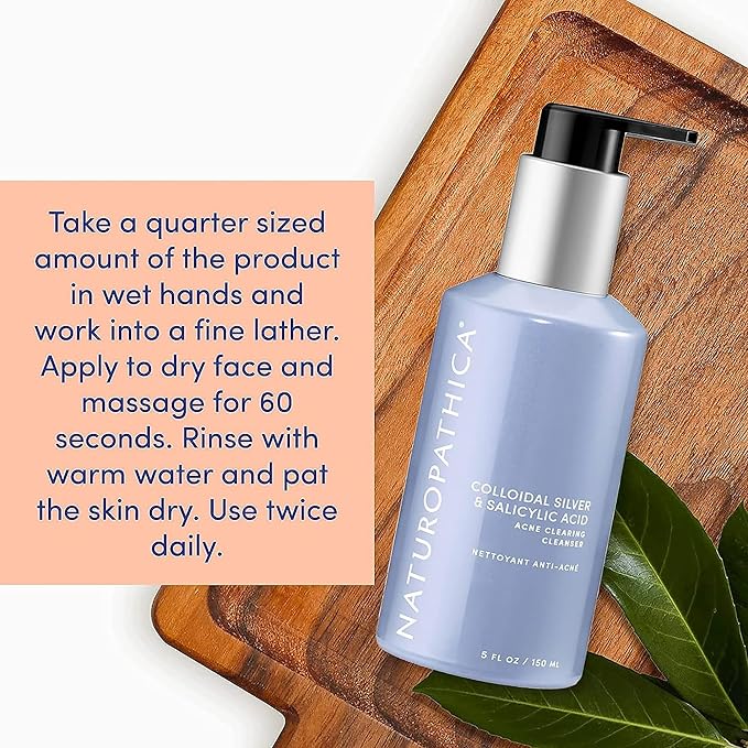 Naturopathica Colloidal Silver and Salicylic Acid Acne Clearing Cleanser, Reduce Blemishes and Acne Scars, Clarifying Face Wash for Men and Women, 5 fl oz-Velvo Beauty