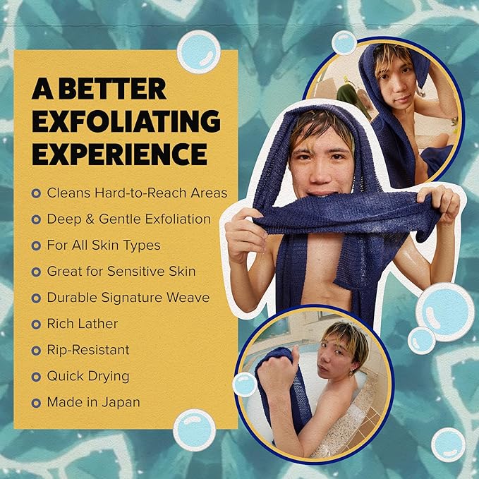 GOSHI Exfoliating Shower Towel - Rip-Resistant Exfoliating Washcloth for All Skin Types - Indigo Blue - Made in Japan-Velvo Beauty
