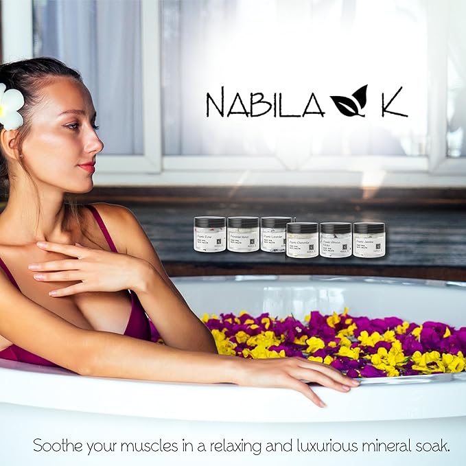 Assorted Bath Salts (Set of 6) by Nabila K - Dead Sea Salt & Epsom Salt Scrub & Soak - Exfoliates & Hydrates Skin, Botanical Essential Oils - Bubble Bath Accessories for All Skins Types, 2 oz-Velvo Beauty