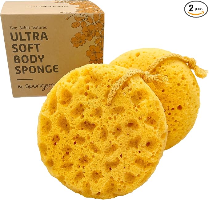 Spongentle Deep Cleansing Body Loofah Sponge, Natural Colors, for Bath and Shower, Multiple Textures for Gentle and Deep Exfoliation, Generous and Rich Lather, (Pack of 2)-Velvo Beauty