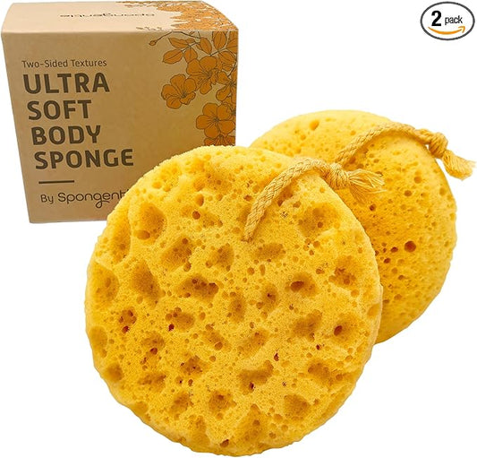 Spongentle Deep Cleansing Body Loofah Sponge, Natural Colors, for Bath and Shower, Multiple Textures for Gentle and Deep Exfoliation, Generous and Rich Lather, (Pack of 2)-Velvo Beauty