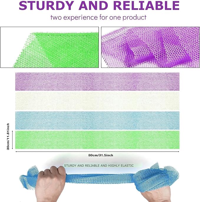 UJFQBH 4 Pieces African exfoliating net African Net Long Net Bath Sponge Exfoliating Shower Body Scrubber Back Scrubber Skin Smoother,Great for Daily Use (Purple, Blue, Green, White)-Velvo Beauty