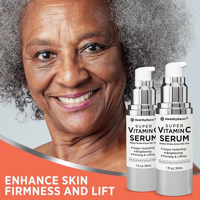 Super Vitamin C Serum for Women Over 70: Niacinamide, Vitamin C, Hyaluronic Acid, Peptides, Vitamin E, Caffeine, Bakuchiol, Hydrating, Lifting, Wrinkle & Age Spots Reduction Pack of 2-Velvo Beauty