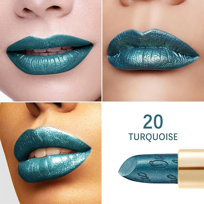 Oulac Metallic Green Lipstick for Women with Metallic 3D Shine, Lightweight Hydrating Formula, High-Impact Lip Color, Vegan Beauty, Full Coverage Lip Makeup, Turquoise (20)-Velvo Beauty