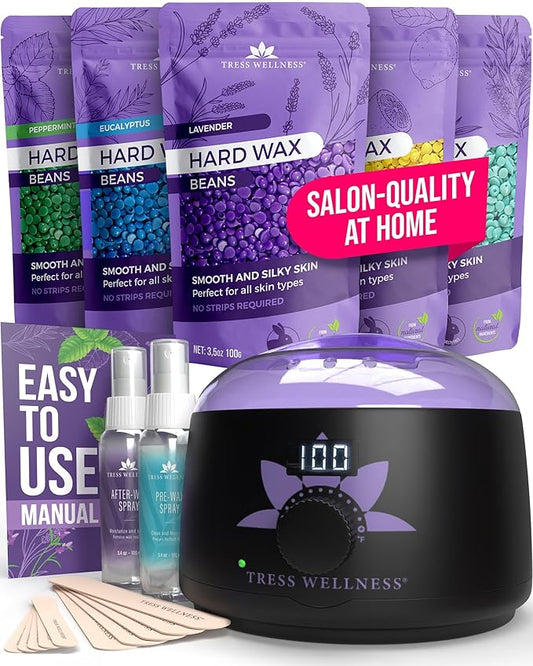 Tress Wellness Waxing Kit for Sensitive Skin – Safe for Face & Skin, Prep & Aftercare Spray, Easy to Use – At-Home Kit for Face, Bikini, Brazilian & Full Body - Digital Display, Black Purple Flower-Velvo Beauty