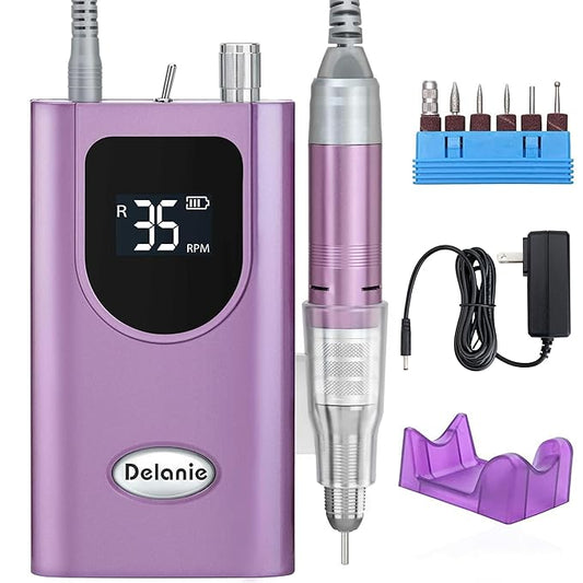 Delanie Professional Nail Drill High Torque 35000 RPM Rechargeable Portable Electric Nail File Filer for Acrylic Gel with Cuticle Bits, Salon Manicure Tool, Purple-Velvo Beauty