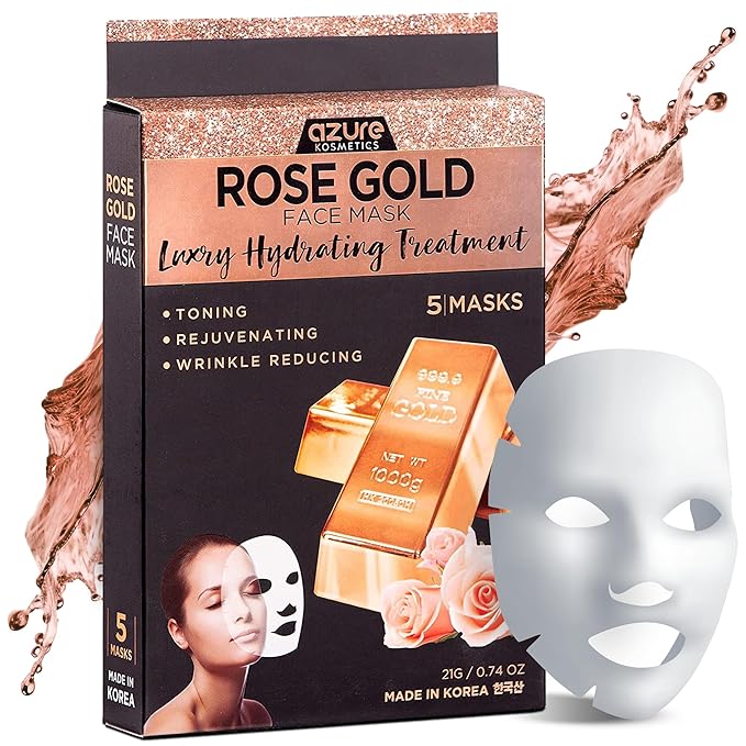 Azure Cosmetics Rose Gold Luxury Hydrating Facial Sheet Mask - Firming, Lifting & Deeply Moisturizing - Helps Reduce Fine Lines & Wrinkles, Signs of Aging & Dry Patches - Made in Korea - Pack of 5-Velvo Beauty