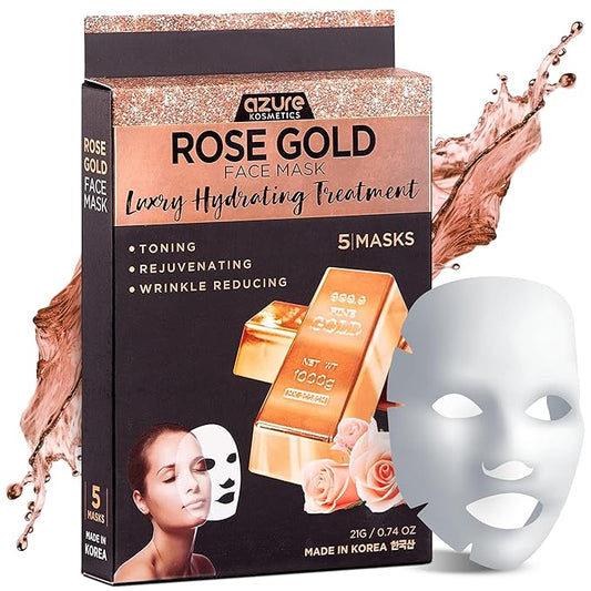 Azure Cosmetics Rose Gold Luxury Hydrating Facial Sheet Mask - Firming, Lifting & Deeply Moisturizing - Helps Reduce Fine Lines & Wrinkles, Signs of Aging & Dry Patches - Made in Korea - Pack of 5-Velvo Beauty