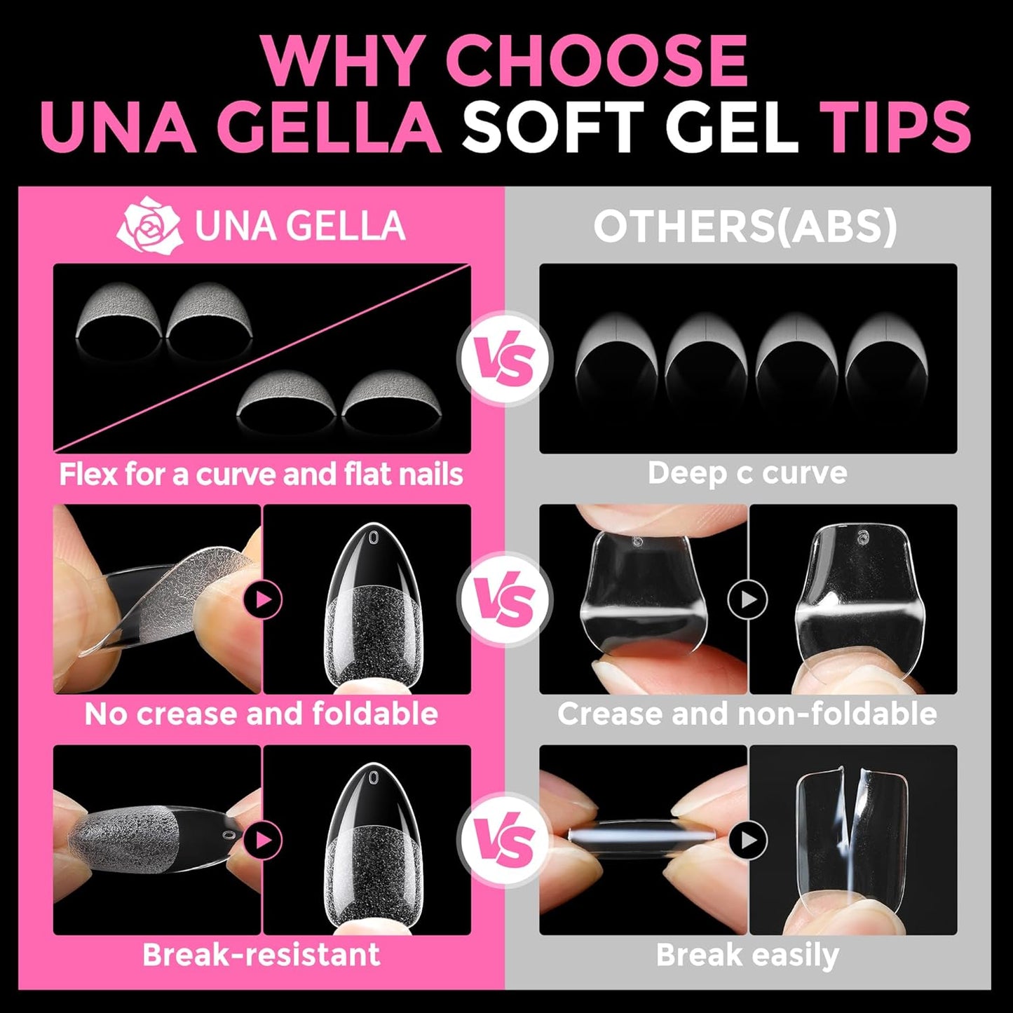 UNA GELLA Almond Nail Tips, 216pcs Pointed Almond Gel Nail Tips Pre-shape Half Matte Full Cover Clear Acrylic Soft Gel Fake Nails for Nail Extension Nail Art 12 Sizes-Velvo Beauty