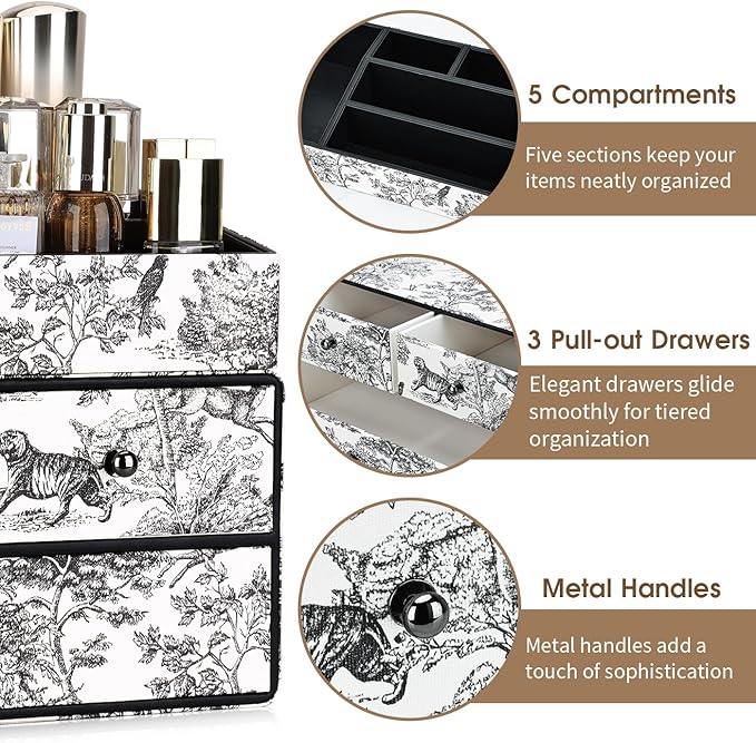 GORESE Leather Makeup Organizer with 3 Drawers for Vanity, Stackable Skincare Holder Dresser Organizer Countertop, Make Up Storage Organizers Counter Cosmetic Display Case Gift for Women(Retro Black)-Velvo Beauty