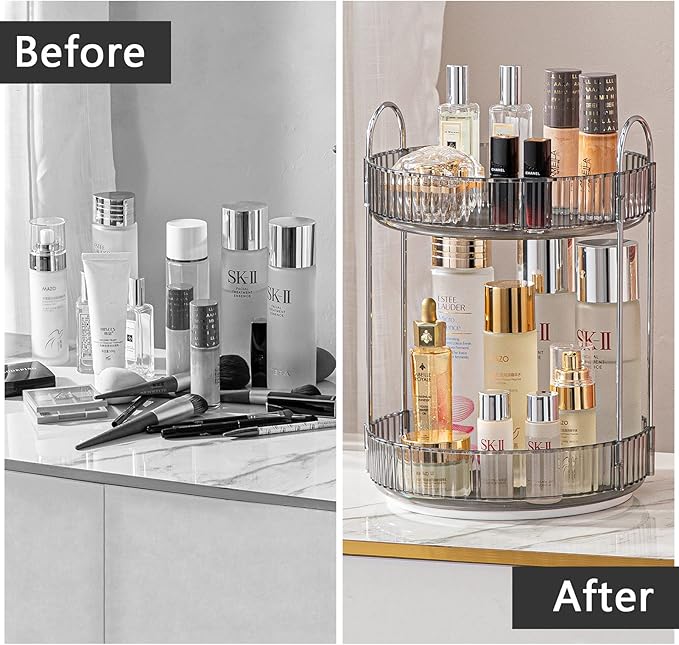 Rotating Makeup Organizer for Vanity, High-Capacity Skincare Clear Make Up Storage Perfume Organizers Cosmetic Dresser Organizer Countertop 360 Spinning (Gray, 2 Tier)-Velvo Beauty