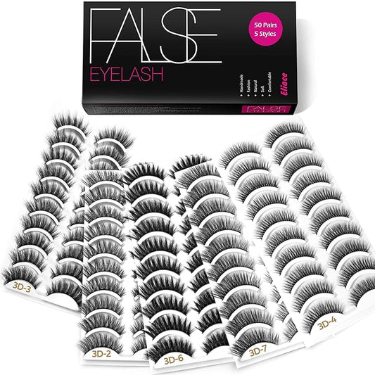 Eliace Eyelashes, (50 Pairs,5 Styles) Luxurious Faux Mink Lashes Natural Look Wispy Fluffy Handmade Cat Eye False Lash Pack, False Eyelashes Set, Fake Lashes Strips, Makeup Fake Eyelashes Pack-Velvo Beauty