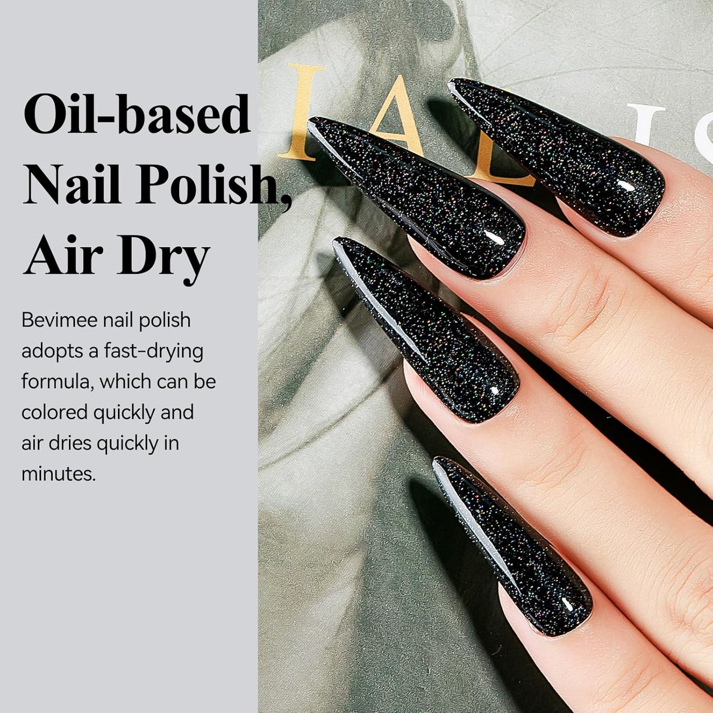 Nail Polish Quick Dry, Black Glitter Nail Lacquer Air Fast Drying, Sparkle Mooncat Nail Pigment Oil-based High Coverage Holographic Fingernail Concealer Polish, 1PC 12ML Long Wear-Velvo Beauty