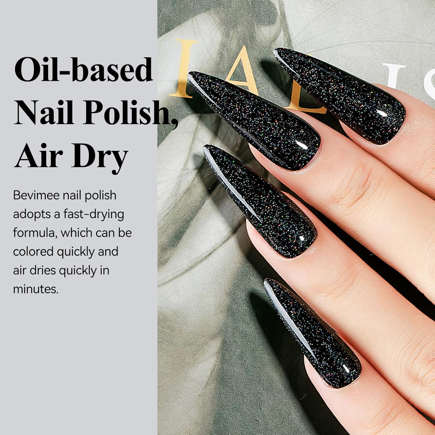 Nail Polish Quick Dry, Black Glitter Nail Lacquer Air Fast Drying, Sparkle Mooncat Nail Pigment Oil-based High Coverage Holographic Fingernail Concealer Polish, 1PC 12ML Long Wear-Velvo Beauty