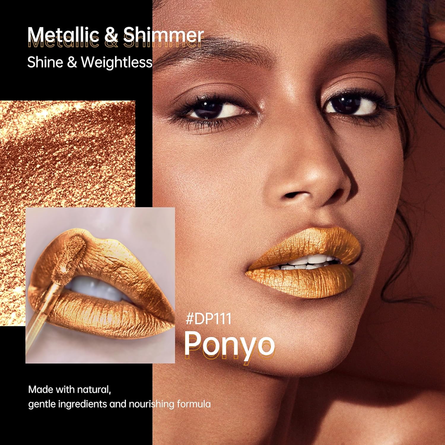 Gold Lipsticks for Women Metallic Lipstick Long Lasting Non Stick Cup Lip Gloss, Shimmer Lightweight Hydrating Full Coverage Lip Color,DP111 Ponyo-Velvo Beauty