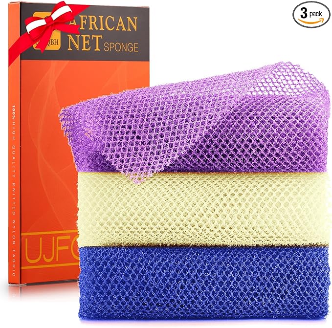 UJFQBH 3 Pieces African Bath Sponge African Net Long Net Bath Sponge Exfoliating Shower Body Scrubber Back Scrubber Skin Smoother,Great for Daily Use (Purple,Blue,Off-White)-Velvo Beauty