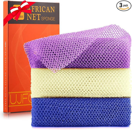 UJFQBH 3 Pieces African Bath Sponge African Net Long Net Bath Sponge Exfoliating Shower Body Scrubber Back Scrubber Skin Smoother,Great for Daily Use (Purple,Blue,Off-White)-Velvo Beauty