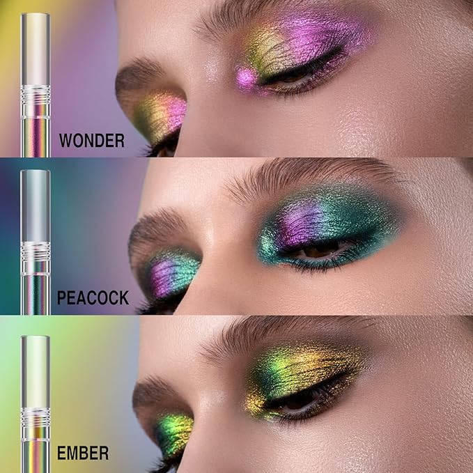 Jolilab Metallic Liquid Chameleon Eyeshadow, Multi-Dimensional Eye Looks, Long-lasting Holographic Glitter Multichrome Eyeshadows Makeup (#Peacock+Wonder+Ember)-Velvo Beauty
