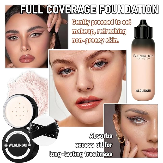 Full Coverage Liquid Foundation Makeup Set,Oil Control Concealer Long Lasting Waterproof Loose Setting Face Powder,Moisturizing BB Cream Set with Soft Makeup Sponge and Foundation Makeup Brush(4PCS)-Velvo Beauty