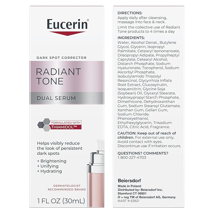 Eucerin Radiant Tone Dual Serum Dark Spot Corrector, Dark Spot Serum with Thiamidol and Hyaluronic Acid, Helps Visibly Reduce the Look of Persistent Dark Spots, 1 Fl Oz Bottle-Velvo Beauty