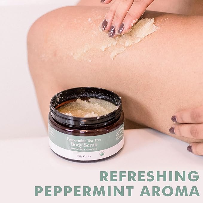 Peppermint Tea Tree Organic Body Scrub - USA Made Sugar Scrub with Natural Ingredients, Moisturizing Body & Foot Exfoliator for Dry and Sensitive Skin, Removes Dead Skin Cells & Reduces Ingrown Hair-Velvo Beauty