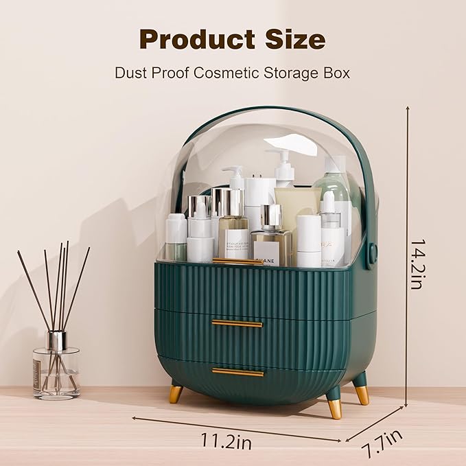 Makeup Organizers and Storage Make up Organizer for Vanity Cosmetics Skincare With Lid and Drawers Display Cases for Countertop Bathroom Women Teenager Girl Gifts(Dark Green)-Velvo Beauty