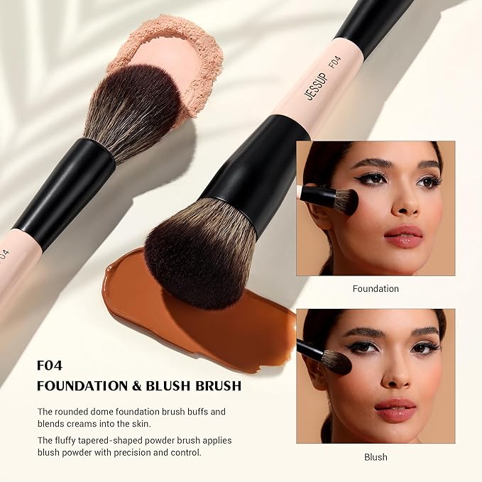 Jessup Face Makeup Brushes 3pcs Double Ended Makeup Brush Set for Foundation Contour Blush Highlight and Powder, Premium Synthetic Make up Brushes Peach Dust T508-Velvo Beauty