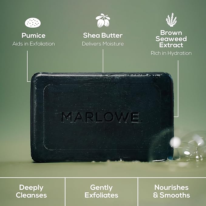 MARLOWE. No. 106 Charcoal Soap 7 oz, Body Bar Soap for Men, Cleansing, Purifying & Hydrating with Natural Extracts, Shea Butter, Olive Oil & Green Tea Extracts, Fresh Woodsy Scent-Velvo Beauty
