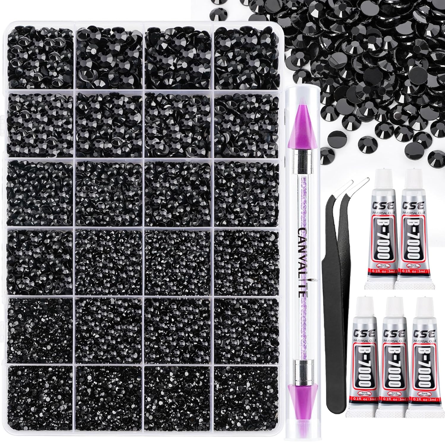 Canvalite 25000PCS Resin Jelly Rhinestones for Crafting, Black Flatback Gems, Bedazzling Crystal with 5x2.5g B7000 Jewelry Glue and Tweezers Dotting Pen for DIY Crafts Clothing Shoes Nail Art-Velvo Beauty