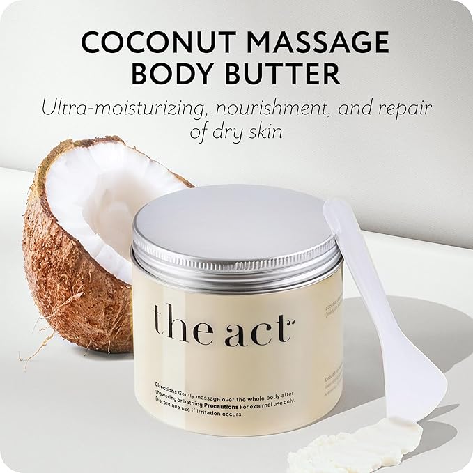 THE ACT Solid Coconut Body Butter – Organic Vegan Moisturizer with Shea & Almond Oils – Melts in Hands – Massage Balm for Dry Skin – Natural Skincare for Women & Men – 6 oz with Spatula-Velvo Beauty