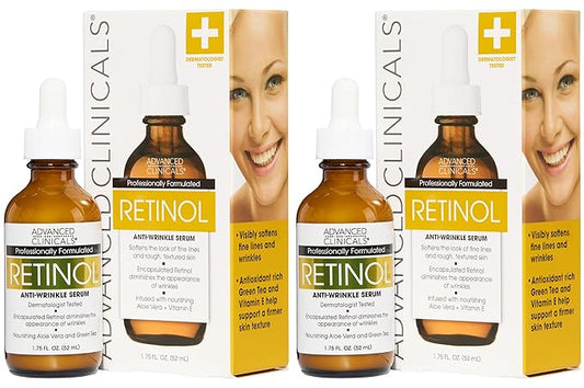 Advanced Clinicals Retinol Serum For Face | Visible Anti Aging Retinol Serum Skin Care Face Moisturizer With Vitamin E Helps Improve Look Of Wrinkles, Fine Lines, & Uneven Skin Tone, 2-Pack-Velvo Beauty