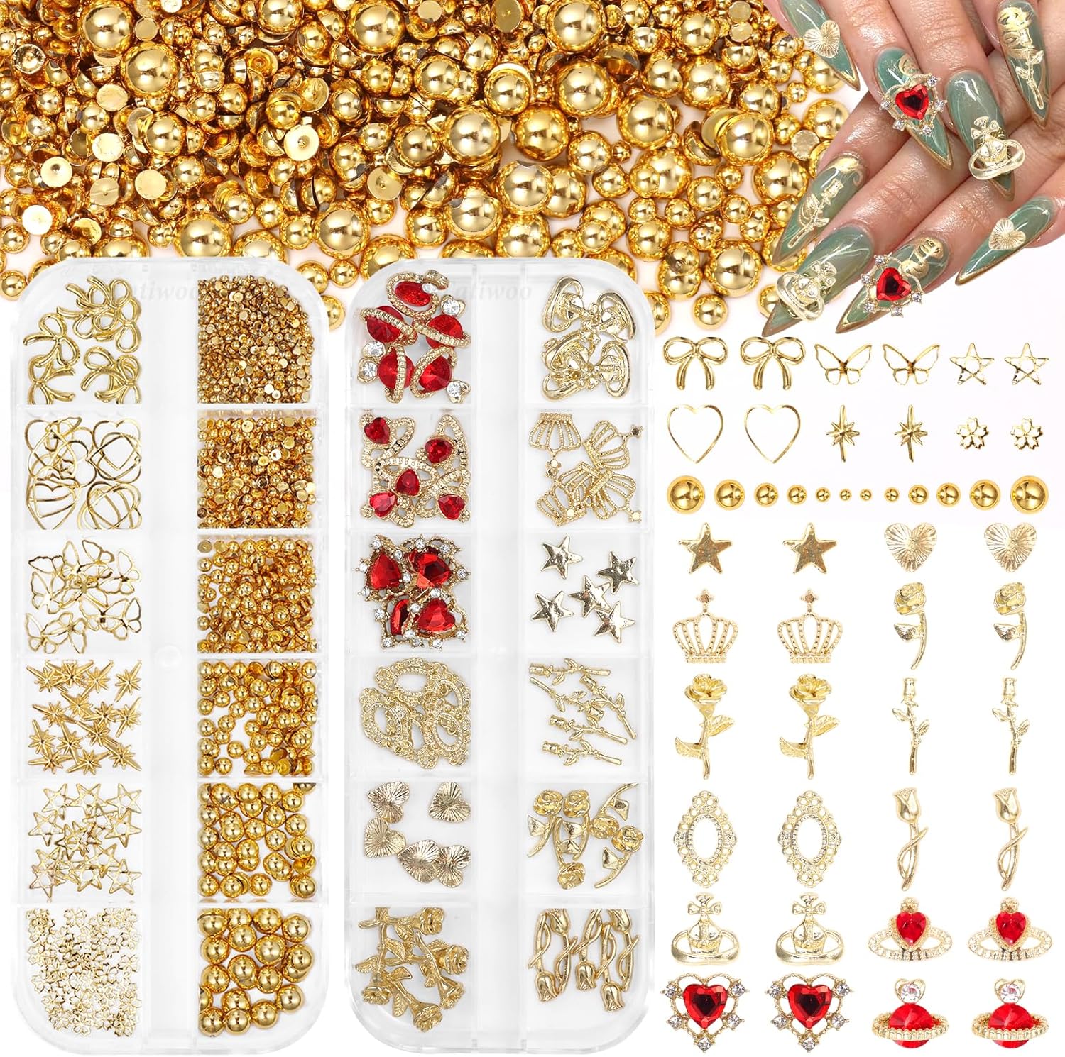 2 Boxes Metal Gold Nail Charms and Gems, 3D Alloy Crown Heart Planet Nail Gems Charms, Golden Bows Star Nail Studs, Gold Pearls Beads for Nails Art Designs DIY Accessories-Velvo Beauty