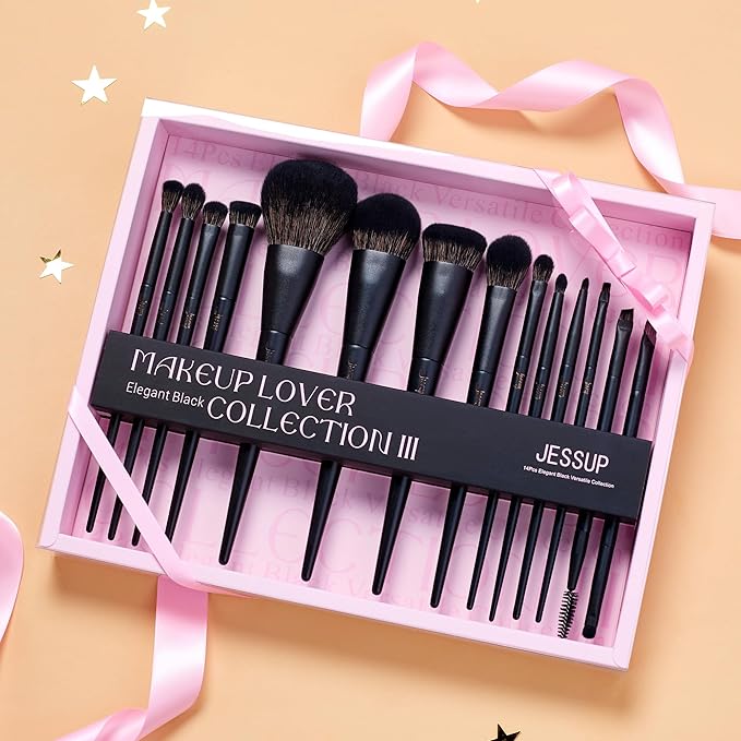 Jessup Makeup Brushes Set Jessup Make up Brushes 14Pcs Black Kabuki Foundation Eyeshadow Contour Concealer Powder Eyeliner Crease Eyebrow Blending Brush with Gift Box, T336-G-Velvo Beauty