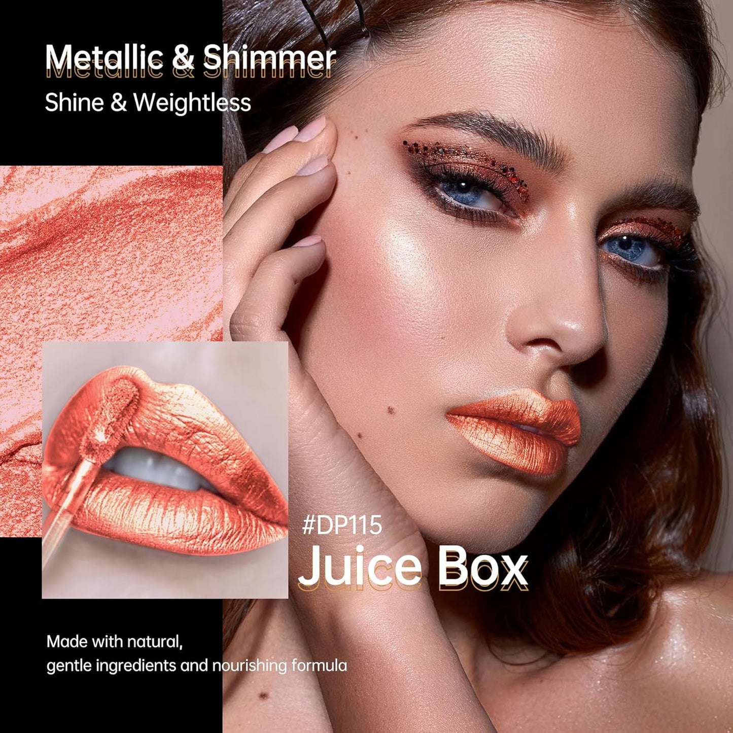 Peach Red Lipsticks for Women Metallic Lipstick Long Lasting Non Stick Cup Lip Gloss, Shimmer Lightweight Hydrating Full Coverage Lip Color, DP115 Juice Box-Velvo Beauty