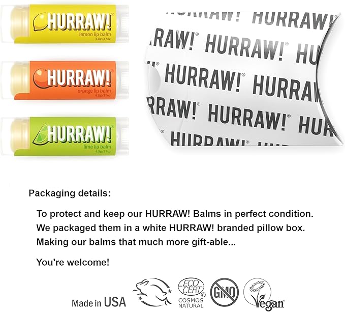 Hurraw! Lemon, Orange, Lime Lip Balms, 3 Pack Bundle: Organic, Certified Vegan, Cruelty and Gluten Free. Non-GMO, 100% Natural Ingredients. Bee, Shea, Soy and Palm Free. Made in USA-Velvo Beauty