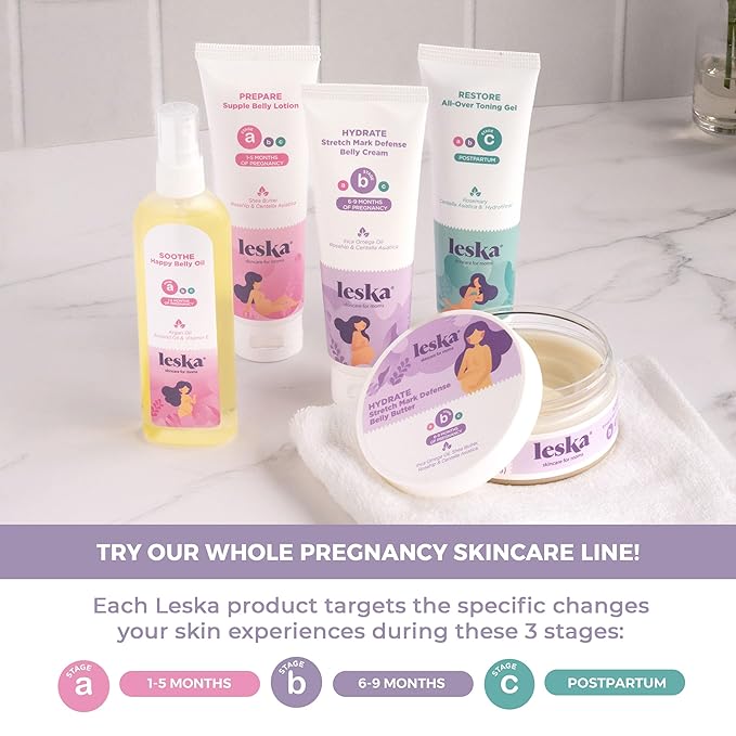 Leska Maternity Set | Belly Lotion, Belly Oil, Stretch Mark Defense Cream & Belly Butter, Toning Gel | Maternity Stages Skin Care for Pregnancy & Postpartum |New Mom Gifts (Set of 5, 4-4.93oz each)-Velvo Beauty