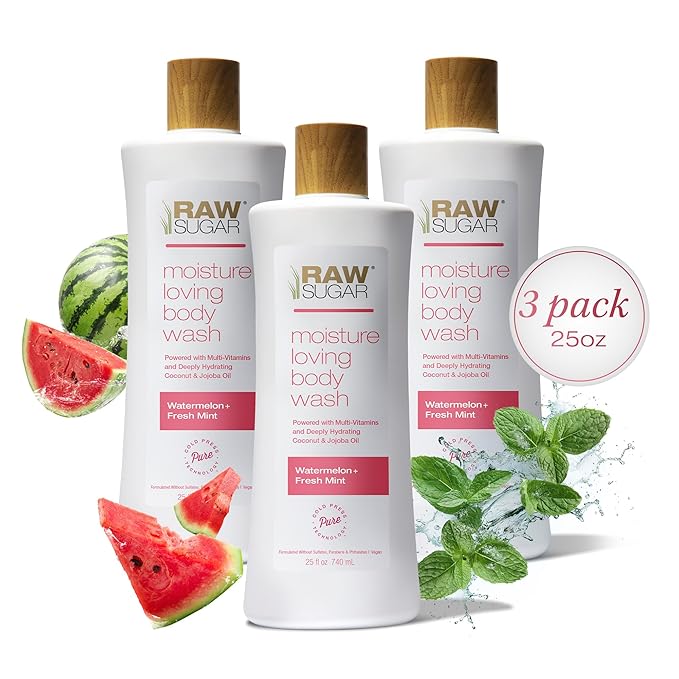 RAW SUGAR Moisture Loving Body Wash - Watermelon + Fresh Mint, Moisturizing & Refreshing Bath & Shower Gel, Sulfate-Free, Paraben-Free & Vegan (Pack of 3)-Velvo Beauty