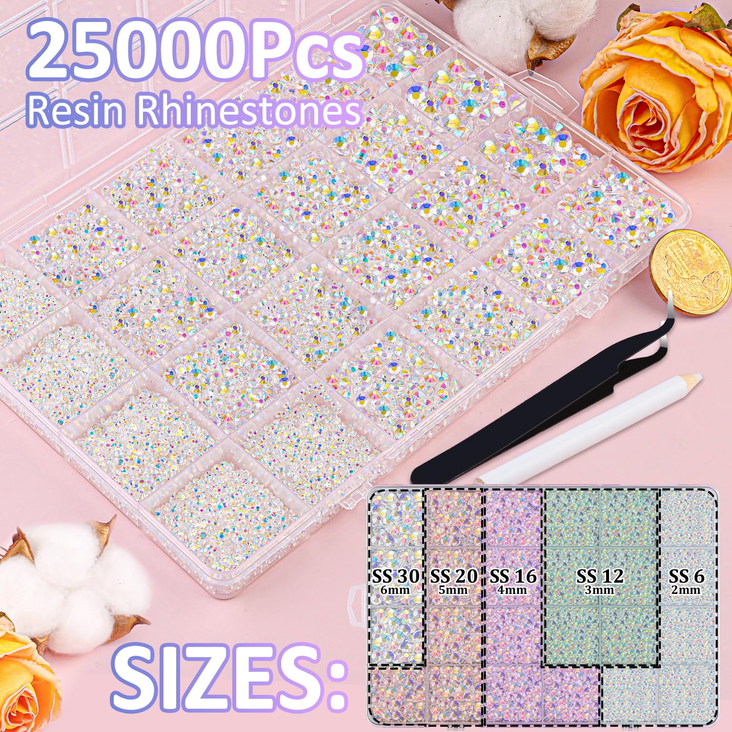 25000Pcs Resin Jelly Rhinestones for Crafting, Transparent AB 2-6mm Mixed Sizes Non Hotfix Flatback Gems, Bedazzling Crystal for DIY Crafts Clothing Tumblers Mugs Shoes Fabric Nail Art-Velvo Beauty