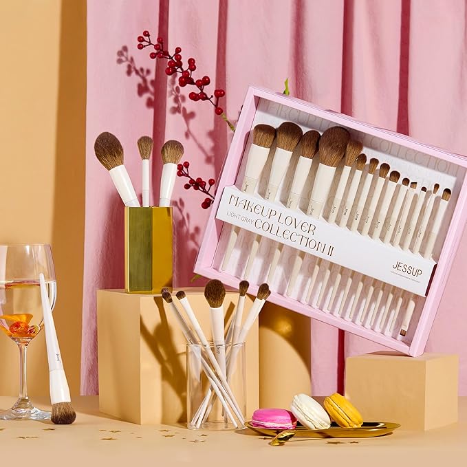 Jessup Makeup Brushes 14Pcs Makeup Brush Set Premium Synthetic Powder Foundation Contour Blush Concealer Eye Shadow Blending Liner Make Up Brush Kit Light Grey with Gift Box, T329-G-Velvo Beauty