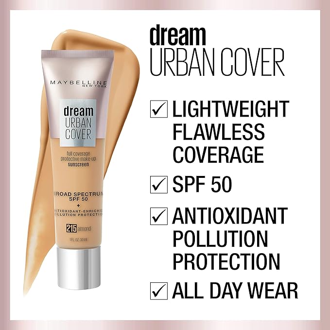 Maybelline Dream Urban Cover Flawless Coverage Foundation Makeup, SPF 50, Soft Tan-Velvo Beauty