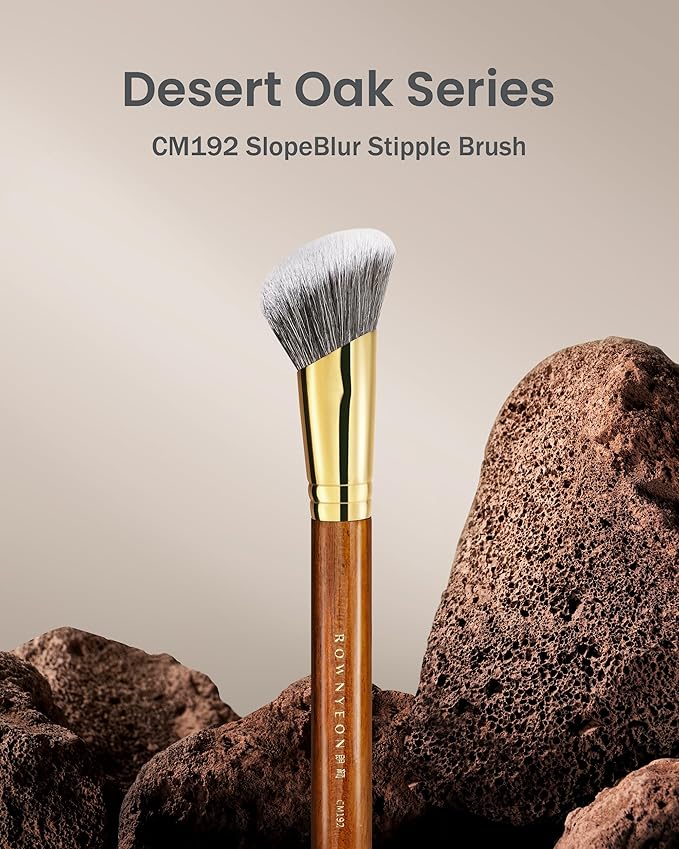 Desert Oak Series SlopeBlur Stipple Brush - Angled Nylon Bristles for Seamless Cream/Liquid/Powder Blending, Contour & Blush Application, Bubinga Handle (CM 192)-Velvo Beauty