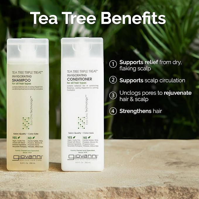 GIOVANNI Tea Tree Triple Treat Invigorating Shampoo & Conditioner Set - Cooling Peppermint, Eucalyptus, Rosemary, Helps Dry, Flaky Scalp, Salon Quality, Vegan, Cruelty Free, Paraben Free - 24 oz Each-Velvo Beauty