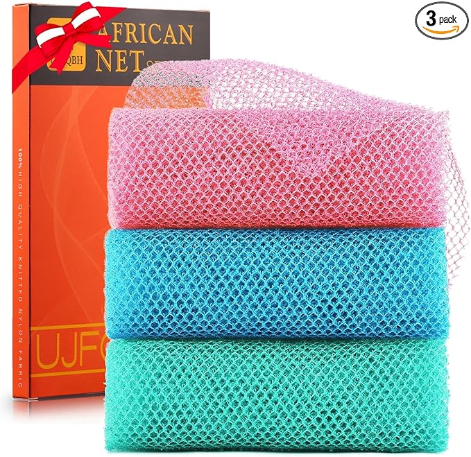 UJFQBH 3 Pieces African exfoliating net African Net Long Net Bath Sponge Exfoliating Shower Body Scrubber Back Scrubber Skin Smoother,Great for Daily Use (Pink, Blue, Green)-Velvo Beauty
